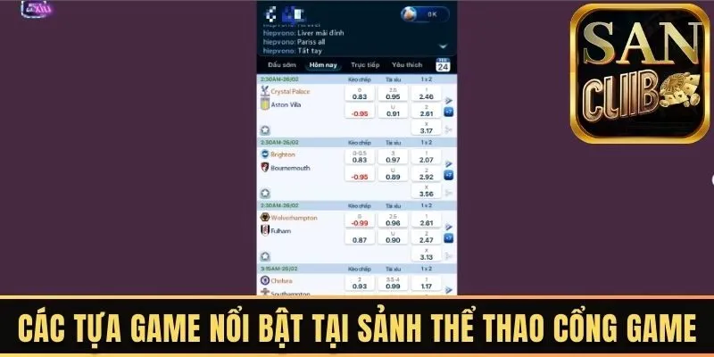 Các tựa game nổi bật tại sảnh thể thao cổng game